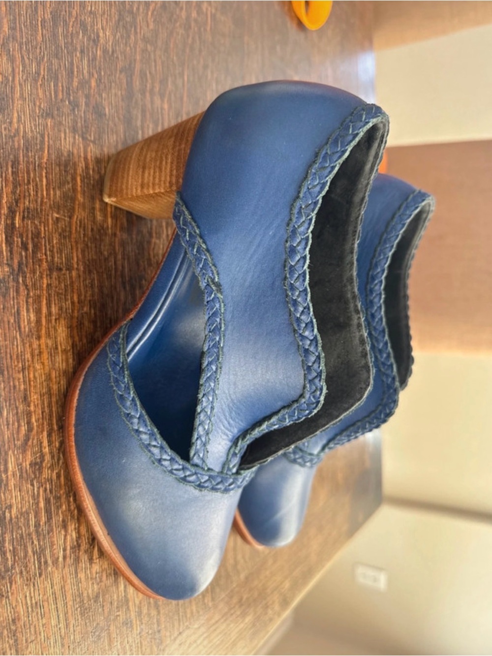 Elf Blue Braided Leather Women's Block Heel booties